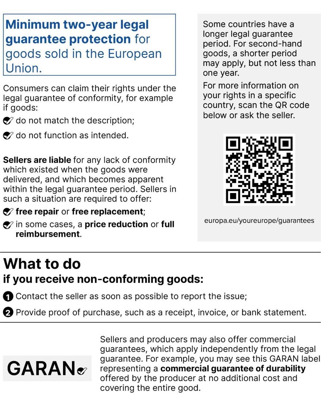 Legal guarantee: goods bought in the EU come with a legal guarantee of conformity of at least two years. The QR code leads to further information on the “Your Europe” portal.